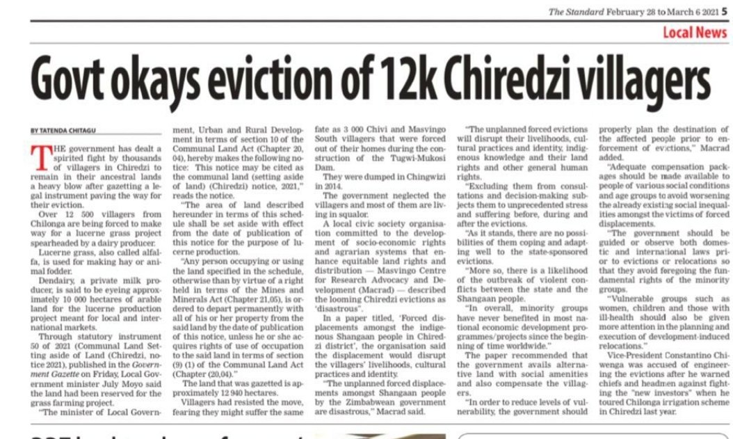 advocatemahere's tweet photo. 🟥12,500 villagers are being evicted from Chilonga to make way for a grass project run by ED's crony.

🟥This corrupt regime prioritizes MONEY over the dignity, livelihoods, cultural practices &amp; indigenous knowledge systems of the people.
#BlackLivesMatter 
#ZimbabweanLivesMatter https://t.co/n98TT9rIXW