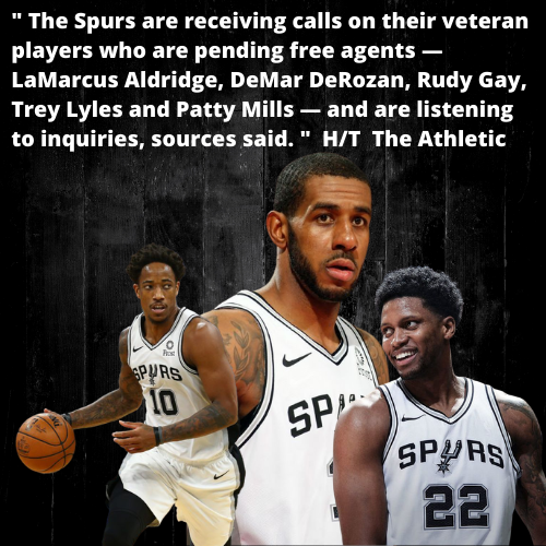 area210podcast's tweet photo. We have two sources in Shams Charania &amp; Marc J. Spears stating the #Spurs are listening to offers for LaMarcus Aldridge, DeMar DeRozan, Rudy Gay, &amp; Trey Lyles. Usually, these are nothing more than rumors but with the way our young core is developing maybe something could happen. https://t.co/IIeQZwULUA