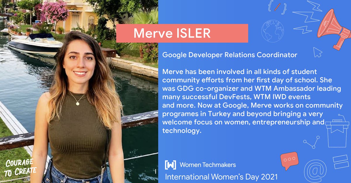 📣🕔#SpeakerAnnouncement #Day1 📣
#CourageToCreate  🤩 Don't miss the session of <a href="/merve_isler/">Merve Isler</a>  Isler,  Google Developer Relations Coordinator, on March 6th.
#IWD2021 #iwdspeakers
#StrongerTogether #motivationaltalks #Motivation #inspiration #dream #goals #goalsanddreams