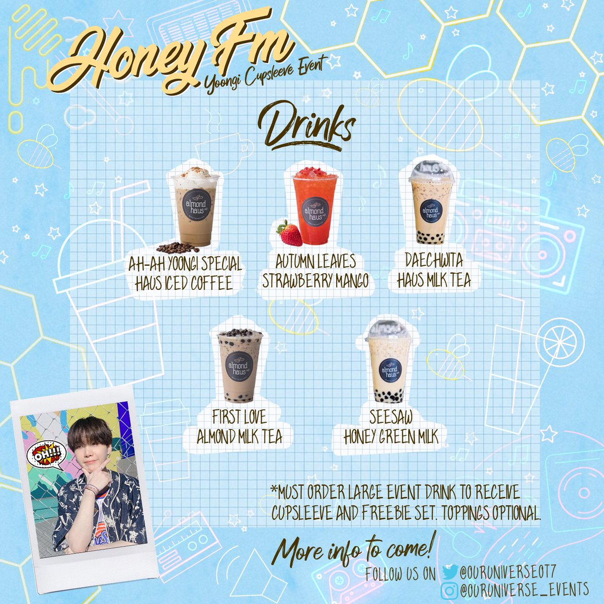 OurUniverseOT7's tweet photo. Here are our special event drinks, all of which are $5 for a large size! 🧋With the exception of the 🍓🥭 tea, all of the drinks are expertly crafted with house-made almond milk. 🥛Toppings are optional. https://t.co/UgCzPNYgye