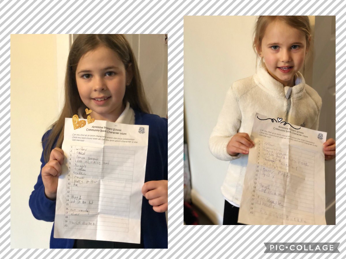 05Kriszta's tweet photo. The girls went ( on Monday) and found 15 characters during the Community Book Character Hunt for World Book Day 🥰📚 @antonine01 @missbinnieanto @missrossantops @p1_MissMarshall #WorldBookDay https://t.co/xxvux8XUUE