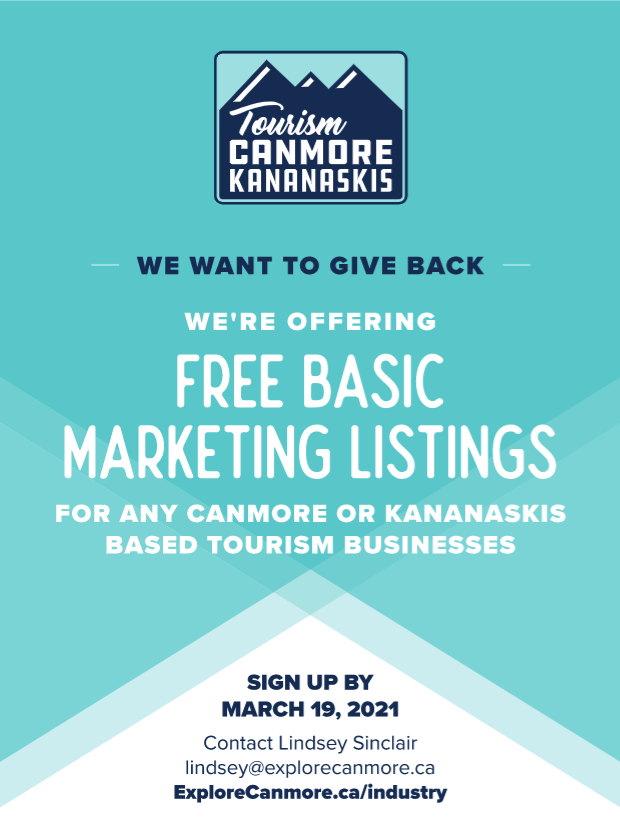 Have you heard the news? We are offering FREE Marketing Services for 2021 to #tourism businesses based in #Canmore and #Kananaskis as a way to give back to those most affected by the COVID-19 pandemic.
Check out our Industry page for more information:
explorecanmore.ca/industry