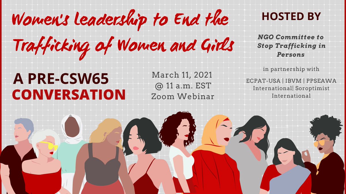 NGOCSTIP's tweet image. Let's talk women’s leadership &amp;amp; efforts to end trafficking of women &amp;amp; girls! Join @NGOCSTIP @ecpatusa @ibvmngo PPSEAWA @SoroptiTweet for a pre-#CSW65 convo to set the scene for the upcoming session.  
 
Check out the speakers &amp;amp; register for free @ bit.ly/37RUJ7w #webinar