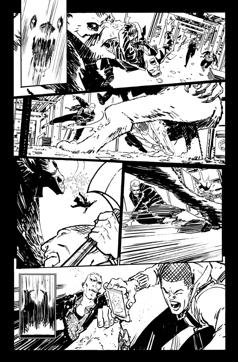 I don't think I've posted these before? I don't remember. But this fight scene from mine and @ZacBeThompson's quick run on Angel was super fuckin fun to design/draw so I'm putting all 6 inked pages of it up here. 

It's been out long enough right? 
1/2 