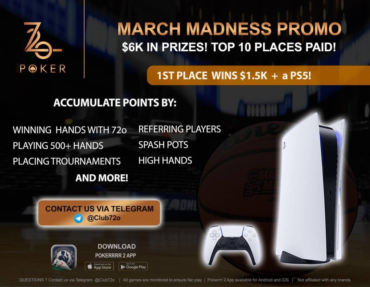 72oPokerClub's tweet photo. $1k Freeroll tonight!  Everyone is welcome, top 5 win $200!  March MADNESS Promo begins tonight!  We are offering a $400 referral bonus!  Join us and tell your friends! https://t.co/OWfSZTt3yj