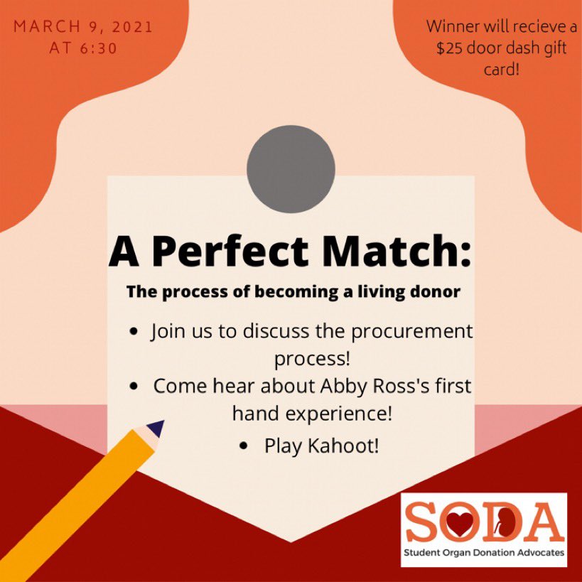 SodaWvu's tweet photo. Interested in learning about the organ procurement process and want a chance to win a $25 DoorDash gift card? Join us next Tuesday @ 6:30 using the link in our bio! #corecollegechallenge https://t.co/GZzB9HjrbZ