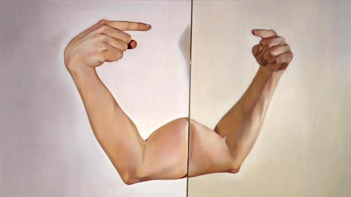 Detail of 'Pointing arm' (1990), a painting by Kevin Wolff. Some serious self-referentiality. (Source:  http://bit.ly/2PBe3zF )