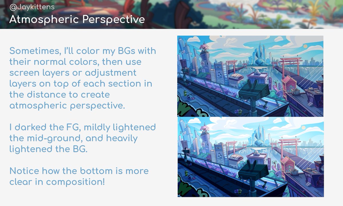 jaykittens's tweet photo. 🌟✨BG ART ADVICE FRIDAY✨🌟 2. contrast &amp; atmospheric perspective

Some people were asking me how I set up my BGs compositionally..so today I wanted to help with how you can compose your BGs with composition, color values, and atmospheric perspective in mind! https://t.co/XZSjC3ZcTR