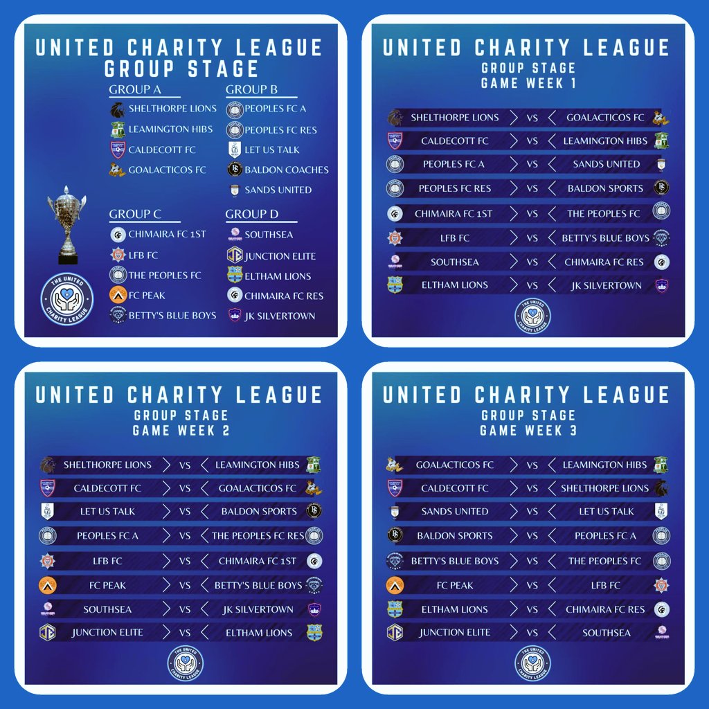 Thrilled to be able to welcome all our group opponents to King George V Field! 🏡⚽

@GoalacticosFc
@HibsSunday
Shelthorpe Lions

See you all in July! 👋
@TheUCL_ #upthecalde

#sundayleaguefootball #charitytournament #charityfootball #charity #friendly #tournament #preseason