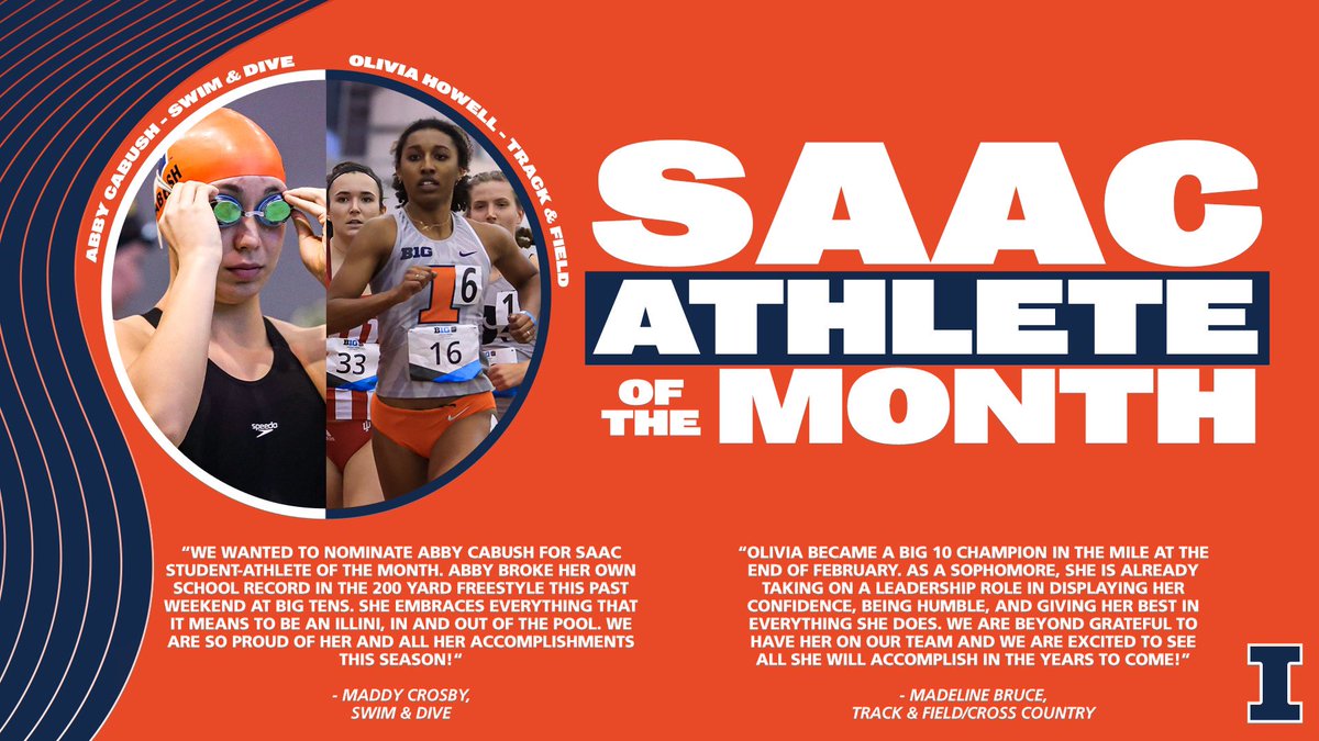 IllinoisSAAC's tweet photo. Co-Student Athletes of the Month 👏🏻 now that’s pretty awesome!🤩

Congratulations to @howell.olivia11 and @abby_cabush 🎉 much deserved!

@IlliniSwimDive @IlliniTrackXC 

#ILL #INI ##SAACstudentofthemonth #illinois #swim #trackandfield https://t.co/Ii7gWw1d8k