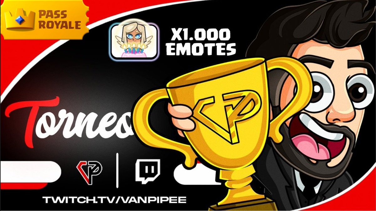 4to TORNEO EMOTES EXCLUSIVOS🏆 (4/5)

🗓HORARIO VIERNES 5:
19:00HRS🇪🇸
15:00HRS🇨🇱🇦🇷🇧🇷
13:00HRS🇵🇪
12:00HRS🇲🇽

🎁 1.000 EMOTES EXCLUSIVOS DE <a href="/ClashRoyaleES/">Clash Royale ES</a>
🎁 PREMIO CAMPEÓN PASS ROYALE (💸$5USD)

¿DONDE?
📺twitch.tv/vanpipee