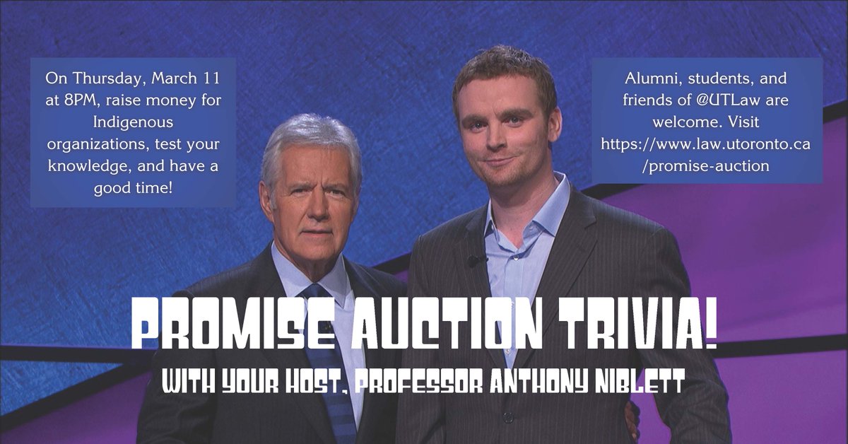 One week until #PromiseAuction trivia <a href="/UTLaw/">UTLaw</a>!!! Help us raise funds for <a href="/AboriginalLS/">Aboriginal Legal</a>, <a href="/CaringSociety/">First Nations Child & Family Caring Society</a> &amp; other #INDIGENOUS orgs AND have fun. Learn more &amp; RSVP now: law.utoronto.ca/promise-auction Students, staff, faculty and alumni welcome! <a href="/UTLawSLS/">Students' Law Society | University of Toronto</a>
