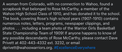 wahoopublic's tweet photo. Does the name Rose McCarthy, WHS Class of 2010, ring a bell? She celebrated senior skip day on the Platte River. She was a member of the 1909 Warrior Girls Basketball Team, which defeated Lincoln to capture the State Championship! It's all documented in her scrapbook. https://t.co/aHisxOCgGW