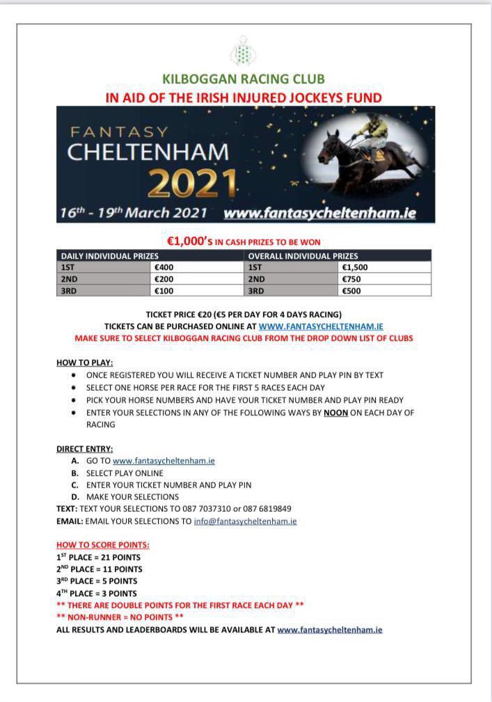 🌟🌟Fantasy Cheltenham🌟🌟 🌟In Aid Of @InjuredJockeys 🐎 💶Cash prizes to be won💶 Make sure to select Kilboggan Racing Club🌟 Follow the link below to enter🐎 fantasycheltenham.ie/buy-a-ticket/ @HRIOwners @HRIRacing @irishracing @TheIrishField @RacingTV @AtTheRaces @CheltenhamRaces