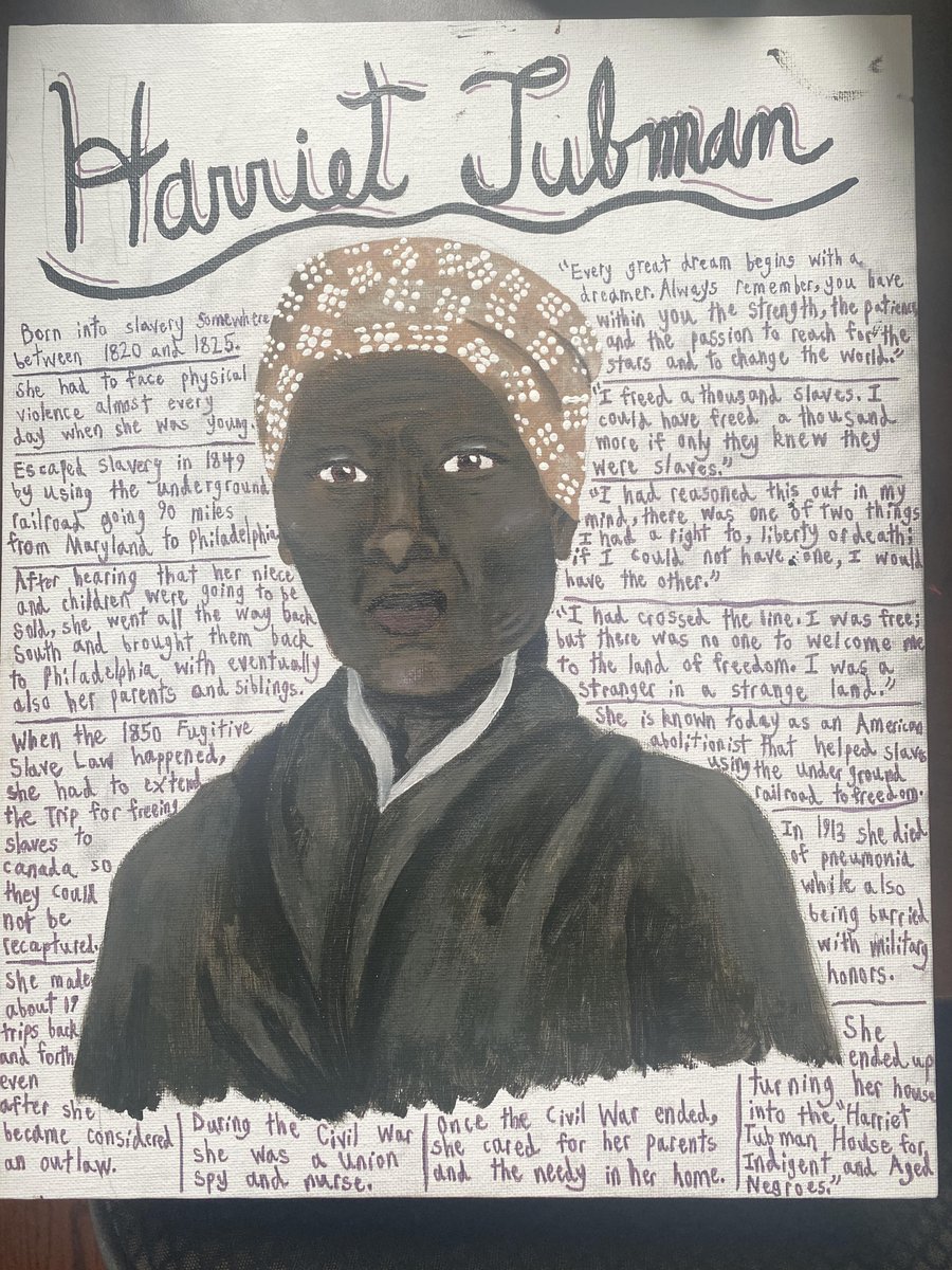 What an impressive painting of Harriet Tubman by Wredling 8th grader, Melanie Jandura. Thank you, Mrs. Franklin, for helping us share your students’ creative and inspiring Black History Month projects. 🎨