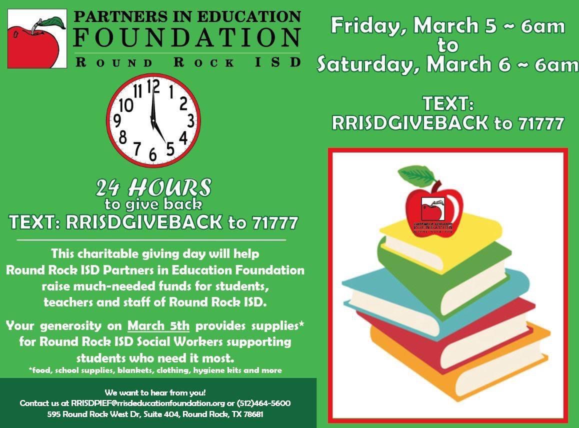RRISD_PIEF's tweet photo. Tomorrow is the PIE Foundation's Give Back Day. To donate text RRISDGIVEBACK to 71777. Your donation will support students with basic resources such as food, water, blankets, hygiene kits and more. https://t.co/GmWU5f6uzs