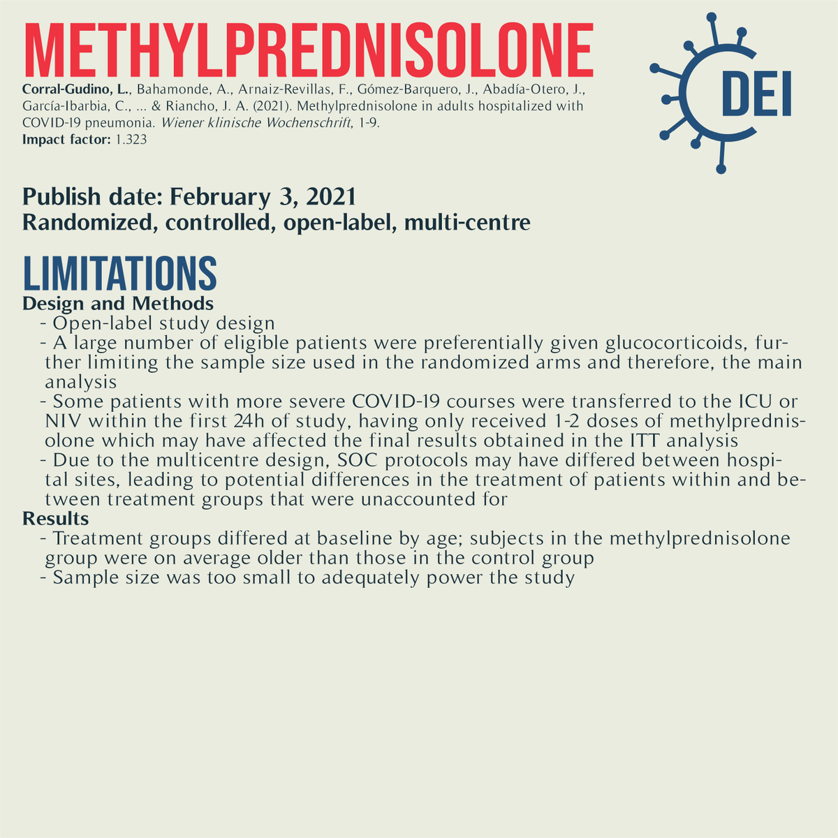 Covid19_DEI's tweet image. Our PICO, appraisal, and limitations for this trial looking at #methylprednisolone vs. standard of care for #COVID19 treatment.

#RCT #MedTwitter #TwitteRx #clinicatrial #NurseTwitter #IDtwitter #pharmacyschool #pharmacystudent #medschool #evidencebasedmedicine #CovidRx