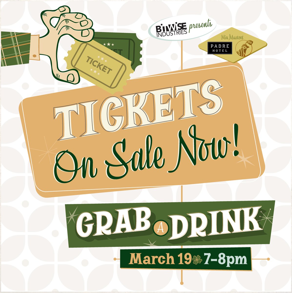 Grab A Drink Tickets are on sale and going fast!

Tickets are just $35 and come with a cocktail kit to follow along with <a href="/ThePadreHotel/">The Padre Hotel</a> and <a href="/QuailState/">Quail State</a>. They'll show us how to whip up two cocktails for your at-home St. Patrick's Day celebration! 🥃 gabstpaddy.eventbrite.com