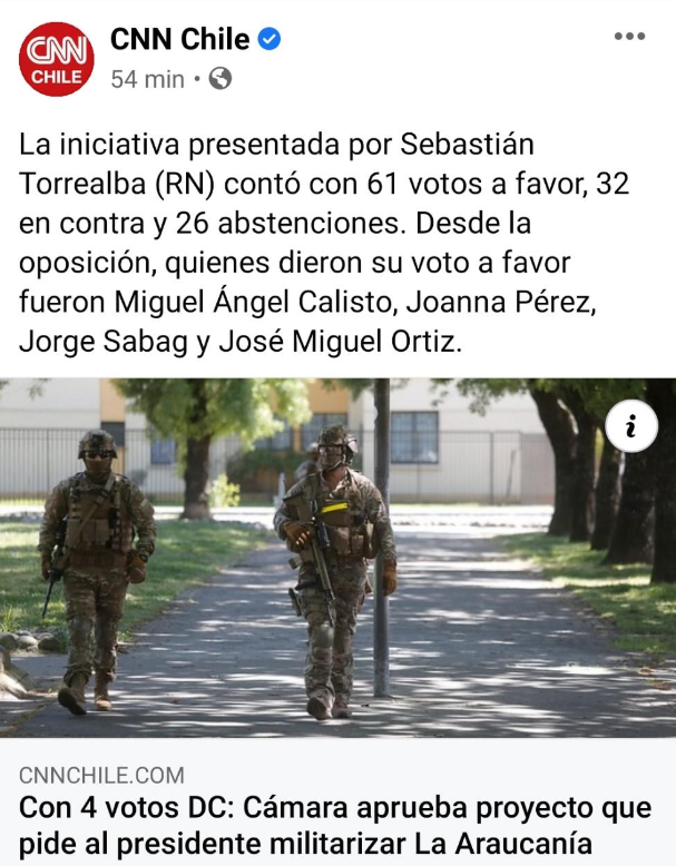 camiloriffo's tweet photo. Con 4 votos DC, incluyendo el de José Miguel Ortíz, quien lleva 31 años de diputado por la zona, se aprueba proyecto de resolución que solicita la militarización y aún más represión a nuestros pueblos originarios. https://t.co/C4UaCt5nky