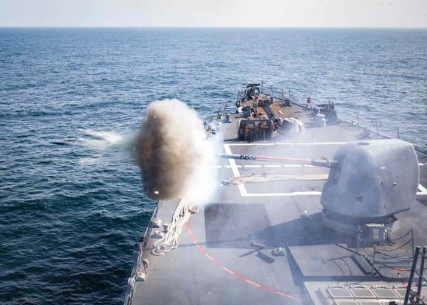 ATLANTIC OCEAN (March 4, 2021) The Arleigh Burke-class guided-missile destroyer USS Porter (DDG 78) fires its Mark 45 5-inch gun during a live-fire gunnery exercise, March 4, 2021. The IKE Carrier Strike Group is participating in Lightning Handshake, a bi-lateral maritime exercise between the U.S. and Royal Moroccan Navy (RMN) and Royal Moroccan Air Force (RMAF). Porter, forward deployed to Rota, Spain, is on its ninth patrol in the U.S. Sixth Fleet area of operations in support of U.S. national interests and security in Europe and Africa. (U.S. Navy photo by Mass Communication Specialist 2nd Class Damon Grosvenor)