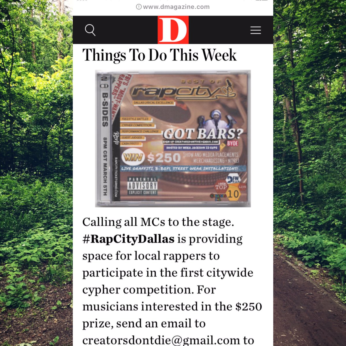dontfollowmekaa's tweet image. WE FEATURED ON @DMagazine THINGS TO DO IN DALLAS THIS WEEKEND!!! 🙌🏽🎖🌍💯

#RAPCITYDallas in full effect Tomorrow. Strictly for cultural purposes. Freestyle battles, performance challenges, street wear installations, graffiti, B-Boys + more.

WHO GOT BARS?
Rapcity.ticketgrind.com