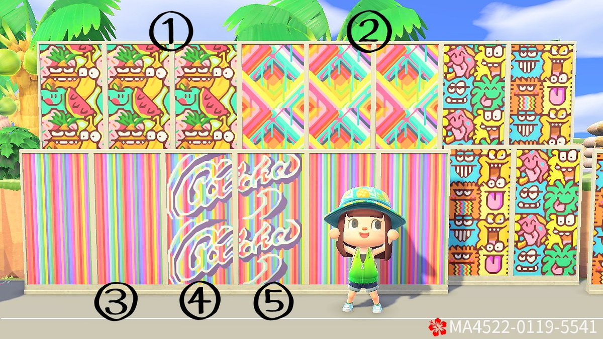 roboko_animal's tweet photo. ハワイのカカアコ・ウォールアートを再現したマイデザを作りました🖼️
(パネルの種類で番号をふっています)
お好きな絵を飾って、ハワイのカラフルさとインスタ映えを楽しんでください💕✨

#ACNHDesign  #mydesign #マイデザイン #マイデザイン配布 #リゾート 
#Hawaii #wallart #ハワイ https://t.co/xb7Z5ttjT3