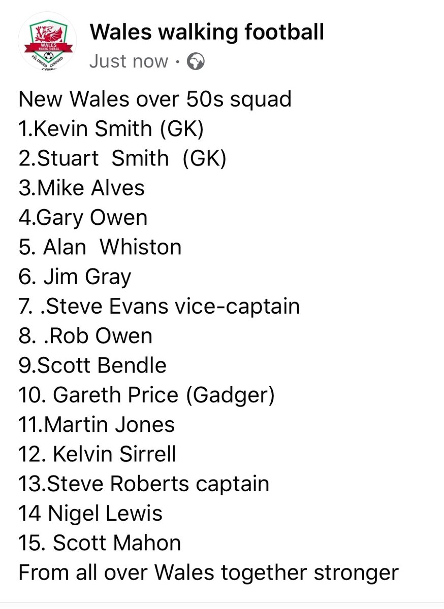 The amazing <a href="/wales_walking/">Wales Walking Football Federation</a> football team have just announced their over 50s squad preparing for upcoming tournaments playing to the FA laws of walking football ⚽️ <a href="/MartinRansom6/">Martin Ransom</a> , Headley Austin 🌟