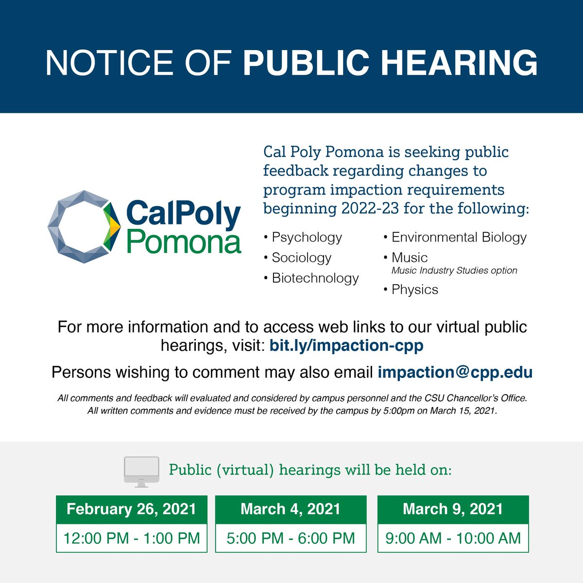 cpp_admissions's tweet image. Cal Poly Pomona is seeking public feedback on program impaction requirements for 2022-23. The second hearing is today from 5:00pm - 6:00pm. More information can be found at bit.ly/impaction-cpp. Feedback may also be emailed to impaction@cpp.edu.
