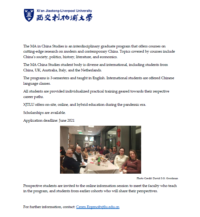 CerenJilan's tweet photo. MA in China Studies
at
Xi’an Jiaotong-Liverpool University
Fall 2021 Admission
Online Information Session
March 10, 2020 Wednesday 10am (CET)
https://t.co/JnaEn3Hsre
#findaschool #China https://t.co/XWbk2tTG0e