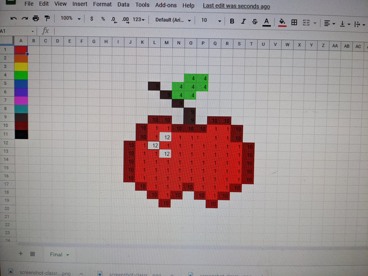 GouettsGr5's tweet photo. Students used conditional formatting in Google Sheets to code these images using a variety of equations! 
The coding projects from @OAMEcounts are awesome!
#OntarioMathSupport https://t.co/yoHwK7WCTO