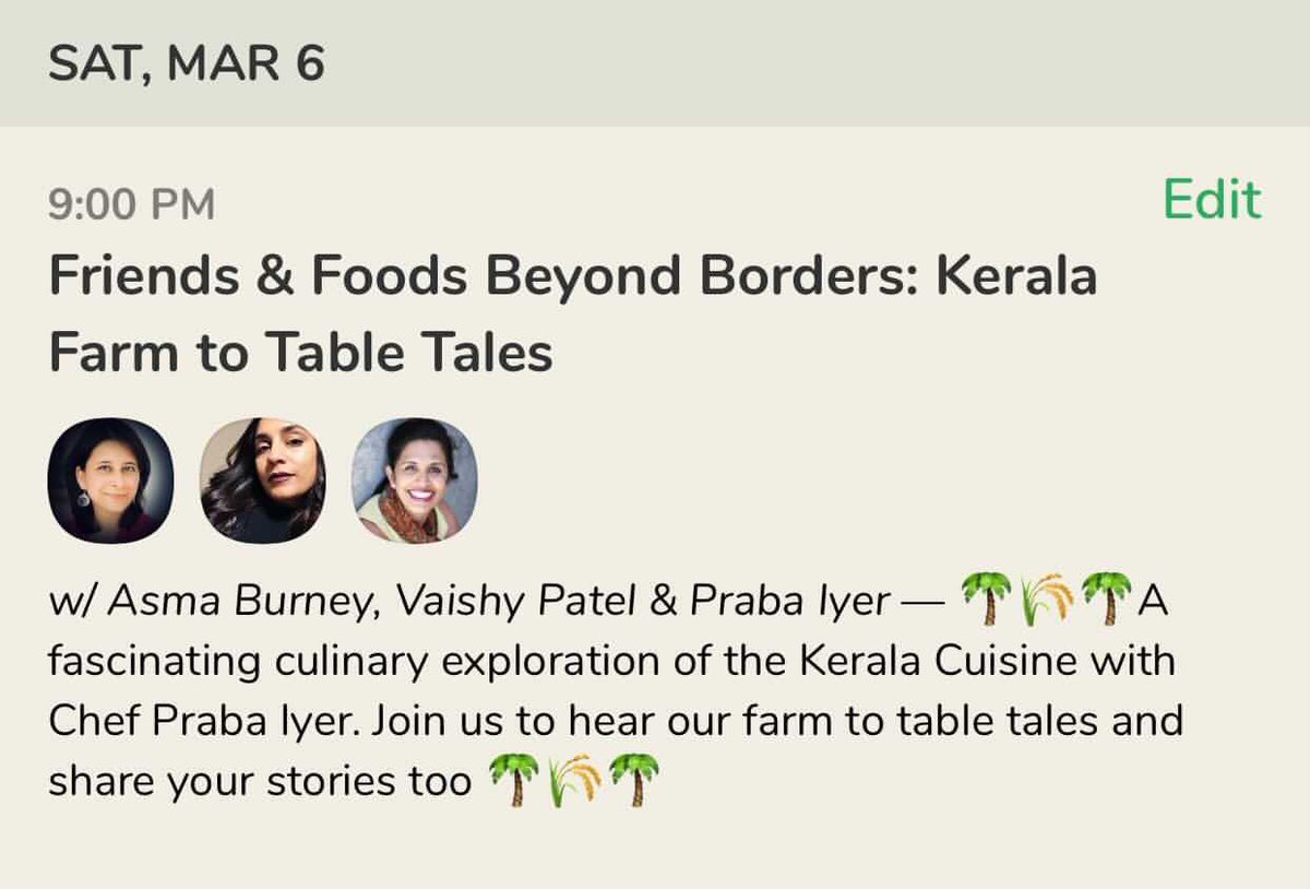 I'm discussing “Friends & Foods Beyond Borders: Kerala Farm to Table Tales” with @asmaburney @RealVaishy and @prabaiyer. Saturday, Mar 6 at 9:00 PM EST on @joinclubhouse. Join us! joinclubhouse.com/event/M1e74zaL #indopakpeace #southasianpeae #southasiancuisine #keralacuisine #keralafoods
