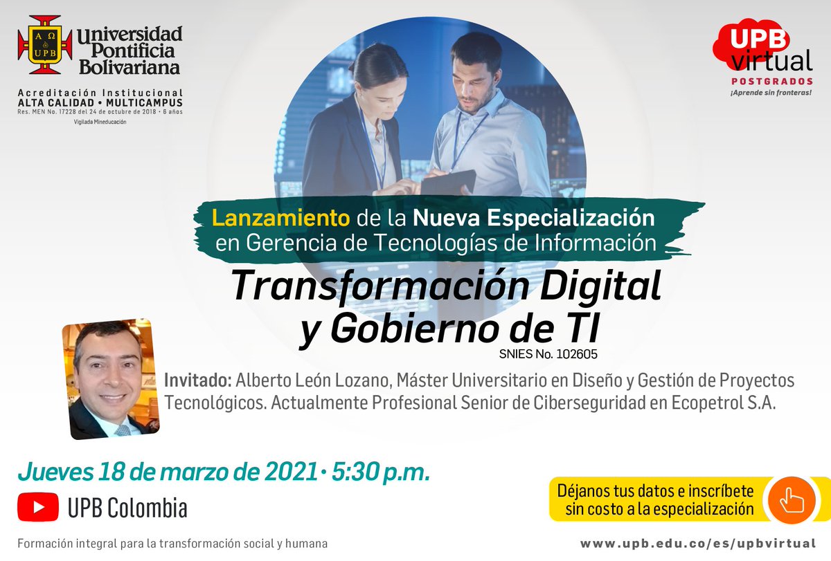 upbvirtual's tweet photo. #UPBVirtual
Participa en el evento de lanzamiento de nuestra nueva especialización, este jueves 18 de marzo a las 5:30 p.m. por nuestro canal de YouTube @UPBColombia.
Inscríbete al evento en https://t.co/zQhcfnIJlx
Te esperamos. https://t.co/XoTt3m1WKz