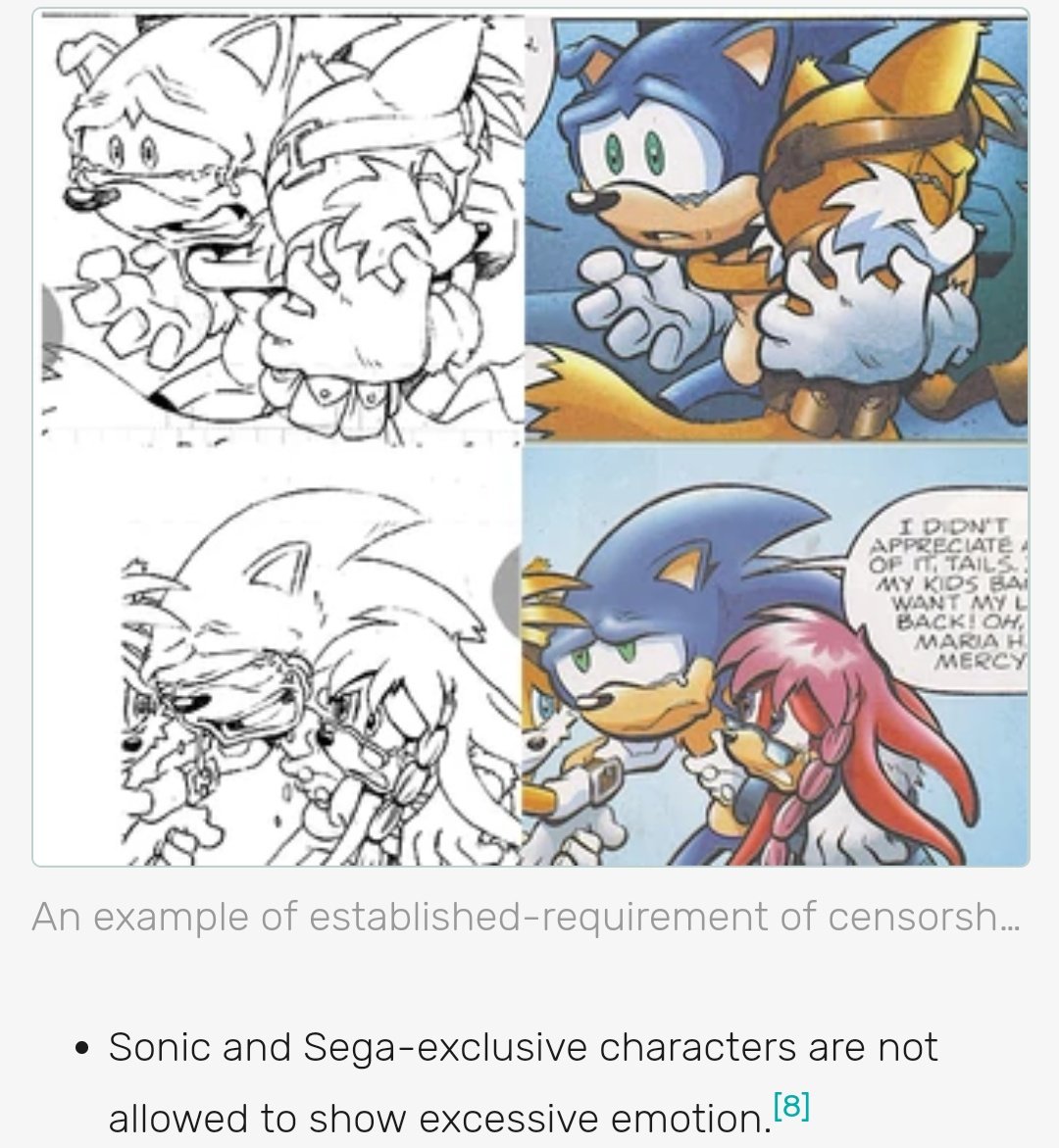 According to Sega, Sonic is not allowed to be seen crying, but he can be seen holding a knife with malicious intent. 