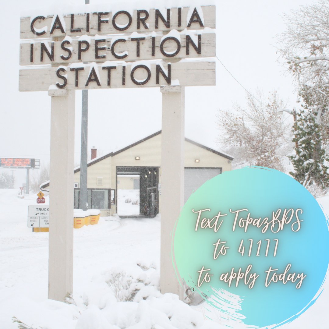 CDFABPSCareers's tweet photo. The Topaz BPS is looking to hire seasonal inspectors for the summer. Text TopazBPS to 47177 to apply today! No experience required. Seasonal salaries start at $15/hour.
.
.
.
.
.
.
#topazlake #monocounty #topazcalifornia #bridgeportcalifornia #coleville #castatejob https://t.co/ira3Dt3cr9