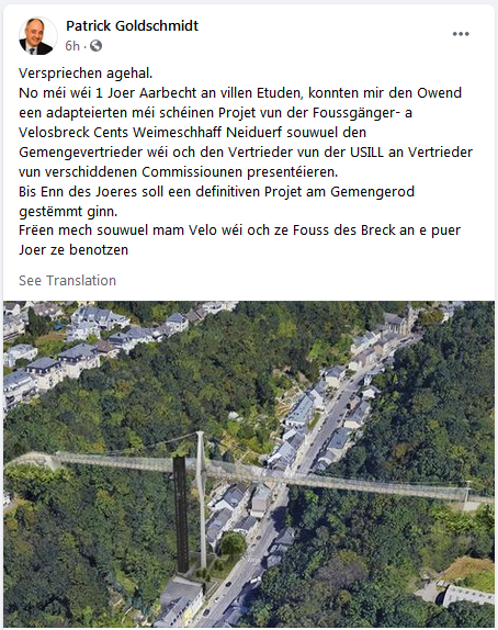 luxembourgize's tweet photo. Great news revealed today my Alderman in charge of mobility Patrick Goldschmidt @P_Goldschmidt: plans for active mobility bridge Cents-Weimeschhaff-Neiduerf have been successfully updated. Vote of final project expected end of year.
#MVOSGameofThrown #NeudorfDirectBridge https://t.co/FSwujvw0Dp