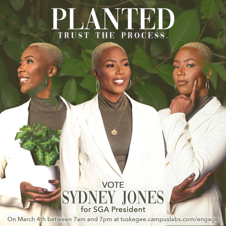 It’s the 🚨LAST HOUR🚨 to VOTE!🗳 Lets #StayPlanted🌱 and vote me, Sydney Jones for SGA Pres! #TrustTheProcess #Syd4SGAPres #TUSGAElections @stulifeattu

Voting Link: tuskegee.campuslabs.com/engage/