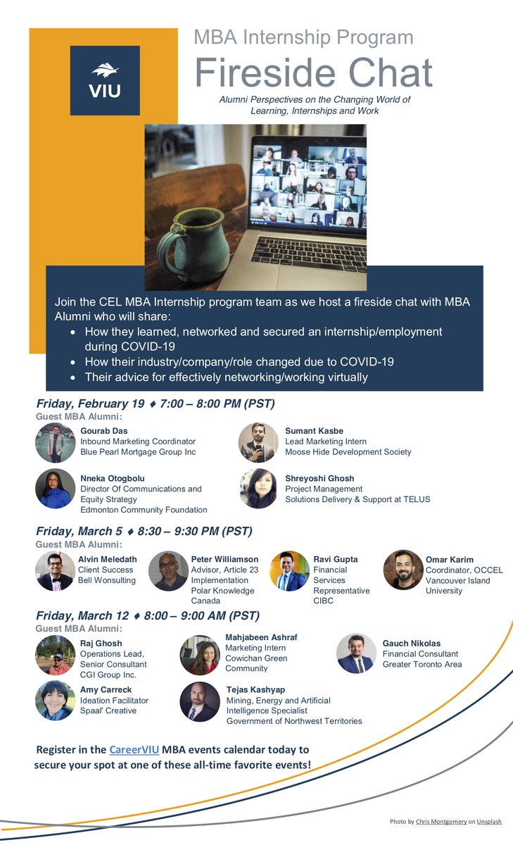 Meet our MBA alums Alvin Meledath, Peter Williamson, Ravi Gupta, and Omar Karim who will be sharing their employment journey Friday, March 5.

#viu #viumba #communityspirit #communityservice #alunni #alumnirelations #firesidechats