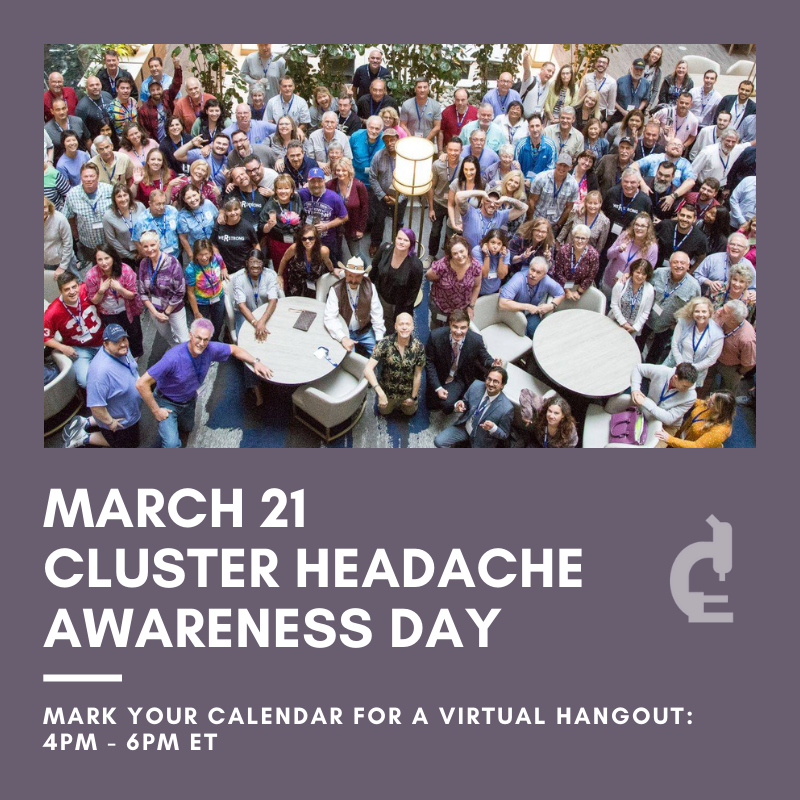 Cluster_buster's tweet photo. Let's hangout for #ClusterHeadacheAwarenessDay! Save the date: March 21. Share this with anyone you know who lives with #clusterheadache. No need to send us an official RSVP. We'll share a Zoom link on 3/20. Stay tuned for that and announcement of special guests. Hope to see you! https://t.co/CNqi0JLd7j