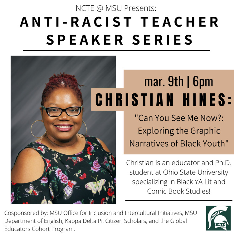 SpartanEngEd's tweet photo. More fun facts about our antiracist teacher speaker star @MsHines831 

Favorite book: Shadow Walker by L.A. Banks

Fav movie: Coming To America

Fav show: Steven Universe

Hear more on Tuesday at 6pm EST. #NCTEvillage #DisruptTexts #literacies

Register: https://t.co/bUukHpG6NN https://t.co/11web6d36r