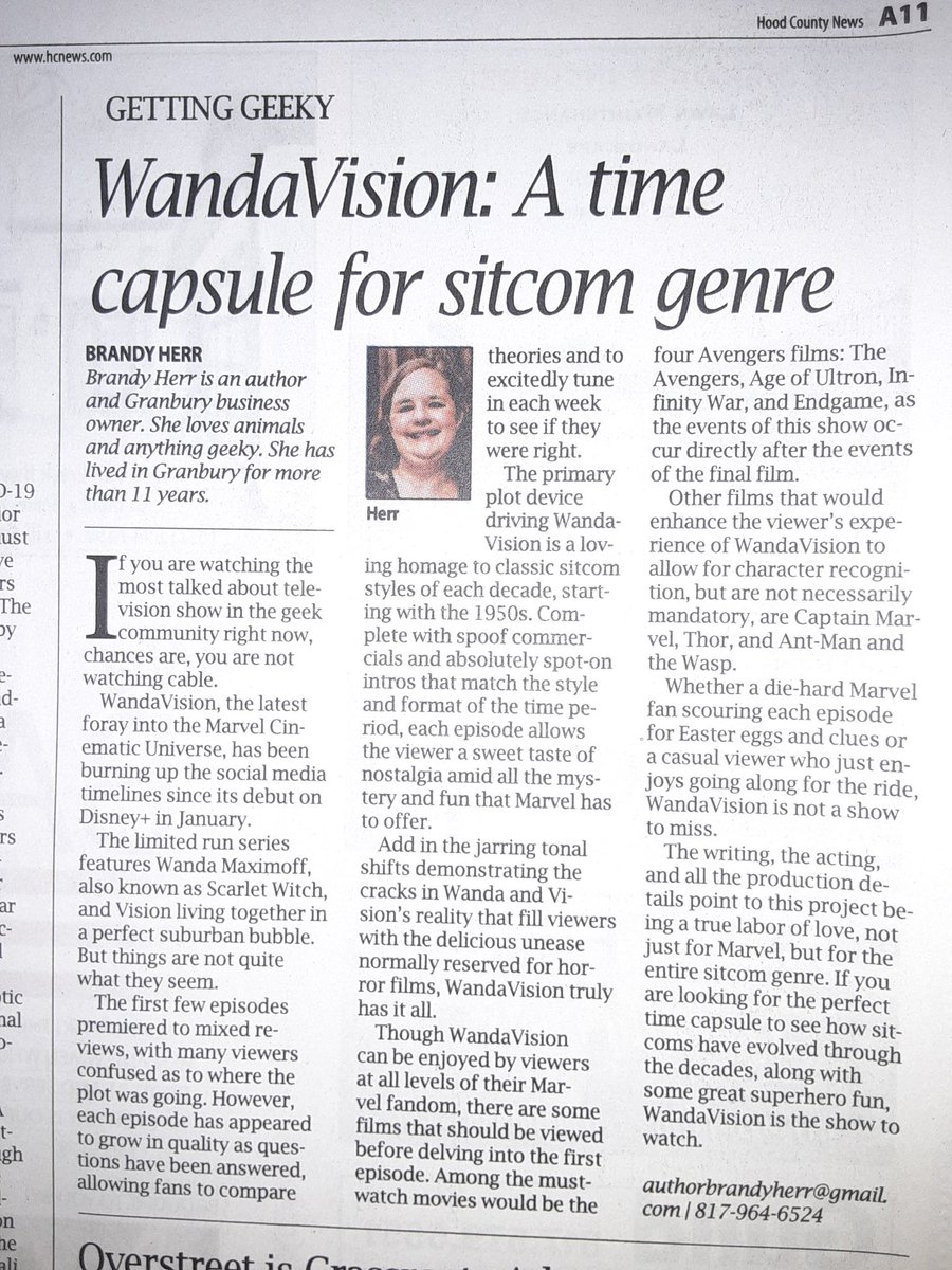 My latest column out now in the current edition of the Hood County News, just in time for tomorrow's big finale! Who's excited??

#wandavision #marvel #wandamaximoff #scarletwitch #mcu #avengers #WandaVisionFinale 

<a href="/wandavision/">WandaVision</a> <a href="/Marvel/">Marvel Entertainment</a> <a href="/MarvelStudios/">Marvel Studios</a> @disneyplus