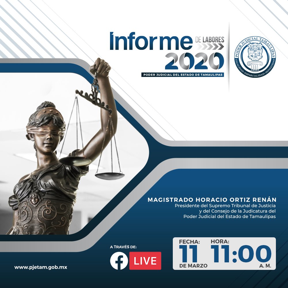 📣 𝗜𝗡𝗙𝗢𝗥𝗠𝗘 𝗗𝗘 𝗟𝗔𝗕𝗢𝗥𝗘𝗦 𝗗𝗘𝗟 𝗣𝗢𝗗𝗘𝗥 𝗝𝗨𝗗𝗜𝗖𝗜𝗔𝗟 𝗗𝗘 𝗧𝗔𝗠𝗔𝗨𝗟𝗜𝗣𝗔𝗦

Magistrado Presidente
Horacio Ortiz Renán 

📆 Jueves 𝟭𝟭 de marzo

⌚️ 𝟭𝟭:𝟬𝟬 a.m.

¡Acompáñenos en la transmisión de este acto solemne a través de 𝗙𝗮𝗰𝗲𝗯𝗼𝗼𝗸 𝗟𝗶𝘃𝗲!