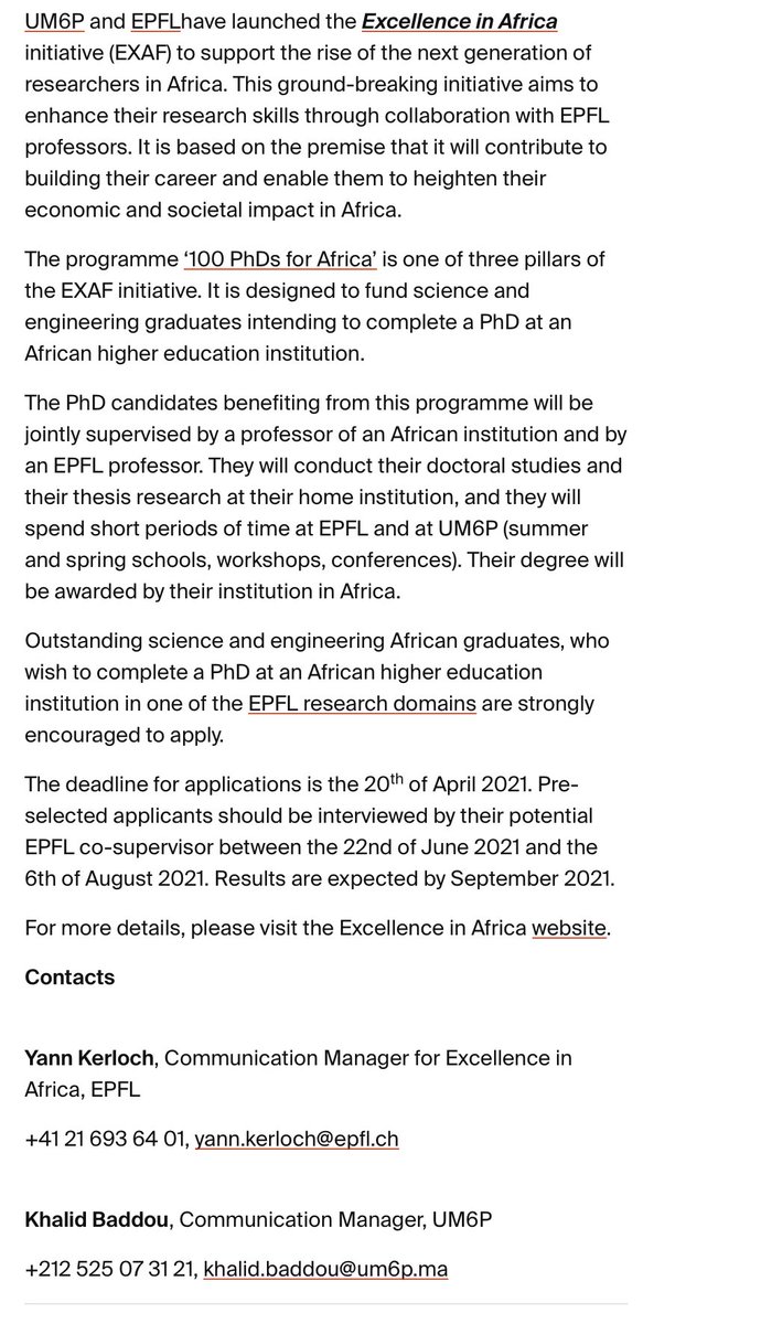 An initiative announced on funding 100PhD students from Africa at EPFL (École polytechnique fédérale de Lausanne). Apply today (Deadline April 20th, 2021). Check the link on LinkedIn @ Prof Hilal Lashuel's profile! linkedin.com/posts/hilal-la…