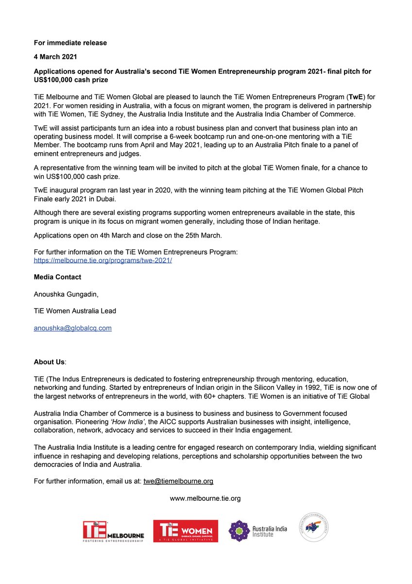 5 March // TwE Program 2021 // #PressRelease 
"#Applications #open for Australia’s second #TiE #Women #Entrepreneurship #program 2021- final pitch for US$100,000 #cashprize..."
Apply here: melbourne.tie.org/programs/twe-2…