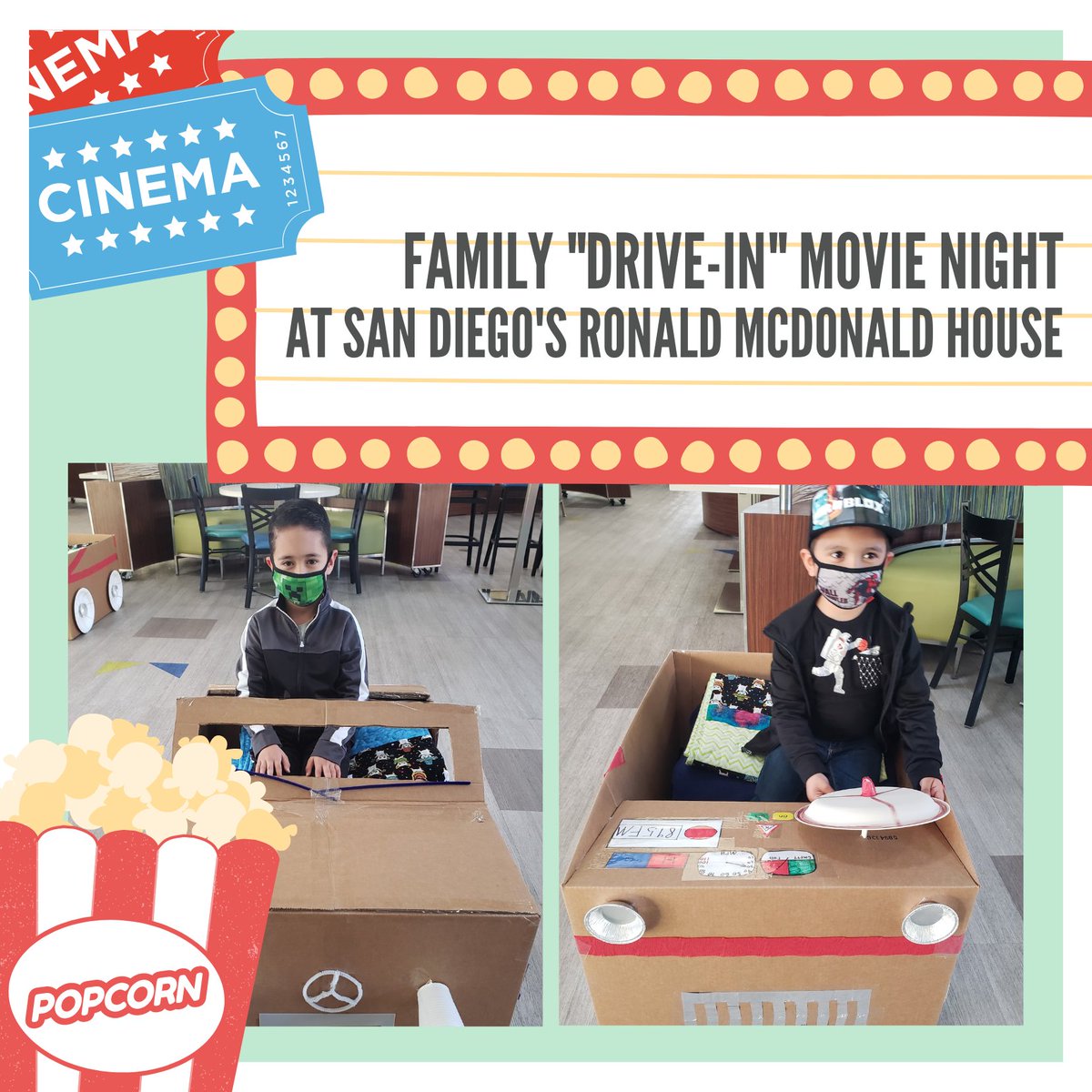 Our families have the best seats in the house during 'Drive-in' movie night! Kids enjoyed watching a movie (projected on the big screen in the Great Room) from their very own cars! ⁠Special thanks to @CRBgrp who provided the popcorn & candy to make this movie night extra fun!⁠
