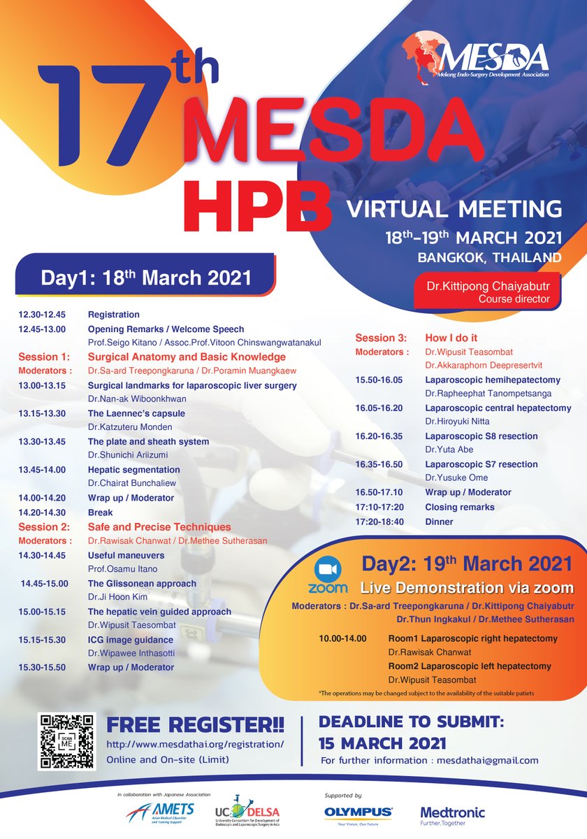 RChanwat's tweet photo. I'd like to introduce the MESDA HPB Virtual Meeting focusing on technical aspects of lap hepatectomy.
Highlights of this meeting are informative talk of precise surgery and live demonstration!
You can join us via ZOOM or On-Site and please share the information with your friends. https://t.co/o0pE7BbrT4