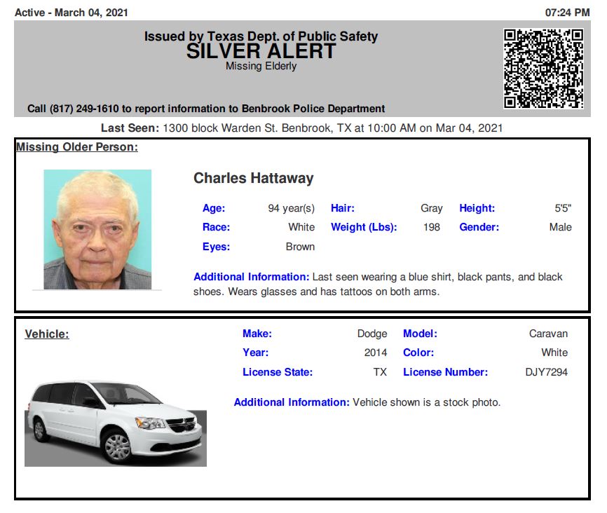 ACTIVE SILVER ALERT for Charles William Hattaway from Benbrook, TX, on 03/04/2021, TX plate DJY7294