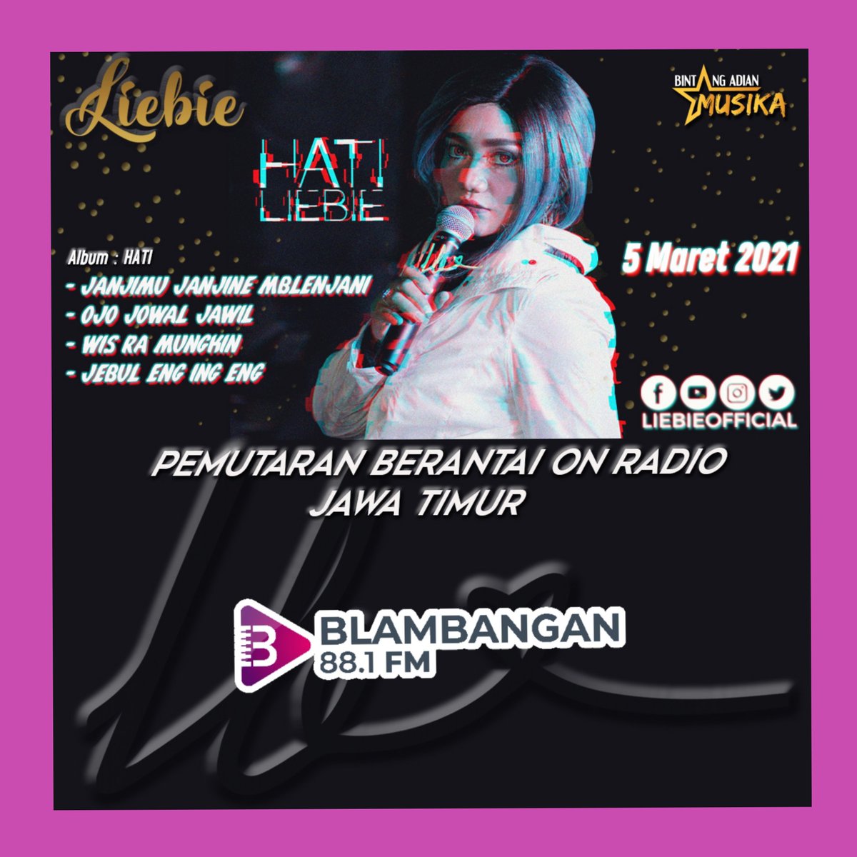 Dangduters hari ini <a href="/liebieofficial/">liebie789</a> bakal luncurin 4 single untuk pemutaran berantai di radio Jawa Timur. Pantengin terus radio favorit kamu yaa. Ingat, Jumat 5 Maret 2021. Hari ini banget!! 
#liebie #pemutaranberantai #radioblambangan #banyuwangi