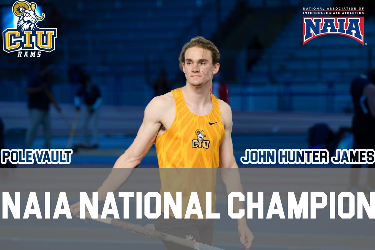CIURams's tweet photo. 🚨BACK TO BACK!🚨

John Hunter James takes home his second consecutive NAIA Indoor T&amp;F National Pole Vault Title! James set a school record clearing a height of 5.25 meters (17.22 ft)! #NAIATrack #GoRams https://t.co/nZD9xcQeCS