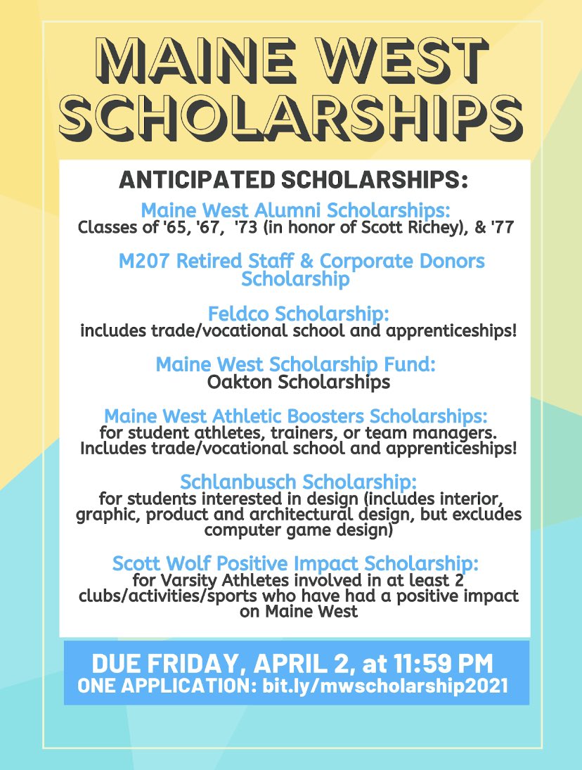 🚨Attention Seniors!🚨 <a href="/Maine_West/">Maine West</a> Scholarships are now open for applications! 

One application, 7 scholarships. All due April 2.

bit.ly/mwscholarship2…