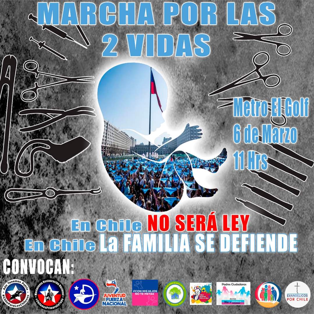 Todos los que defienden la vida de los inocentes, están convocados para este sábado 6 de marzo, a las 11:00, en metro El Golf, a la manifestación por las dos vidas.

#SalvemosLasDosVidas 
#ChileNoCaerá